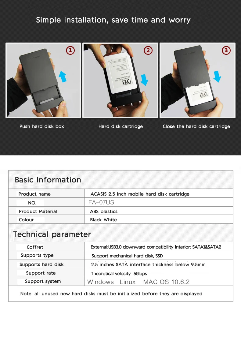 Acasis FA-07US 2,5 дюймов SSD Внешний SATA интерфейс USB 3,0 мобильный жесткий диск чехол для ноутбука последовательный порт USB3.0 легко носить с собой