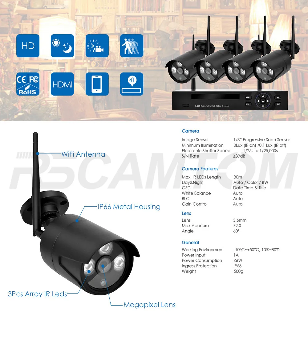 Wistino 4CH Wireless IP Camera NVR Kits 720P CCTV Security System Wifi Cameras XMEye Outdoor Waterproof Surveillance Kit Night Vision (11)1