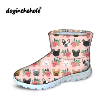 

doginthehole French Bulldog Printing Ankle Boots for Women Slip-on Warm Snow Boots Ladies Winter Flat Boots Females Snow Boots