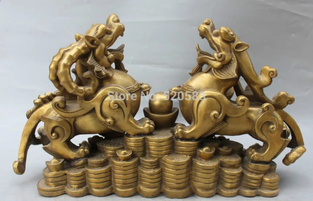 16 &quotКитайский Фэн Шуй Бронзовый Медные Деньги Yuanbao Богатство PiXiu kylin Статуя Пара