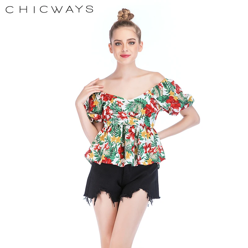 Chicways красочные цветочные короткий рукав летний v образный Вырез Топ Блузки