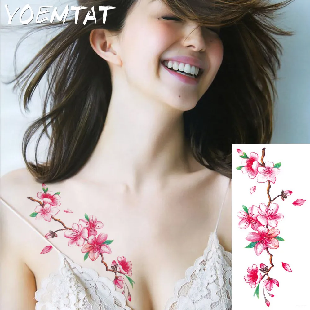 lifelike cherry blossoms arm shoulder tattoo stickers flash henna tattoo fake waterproof temporary tattoos sticker women on body