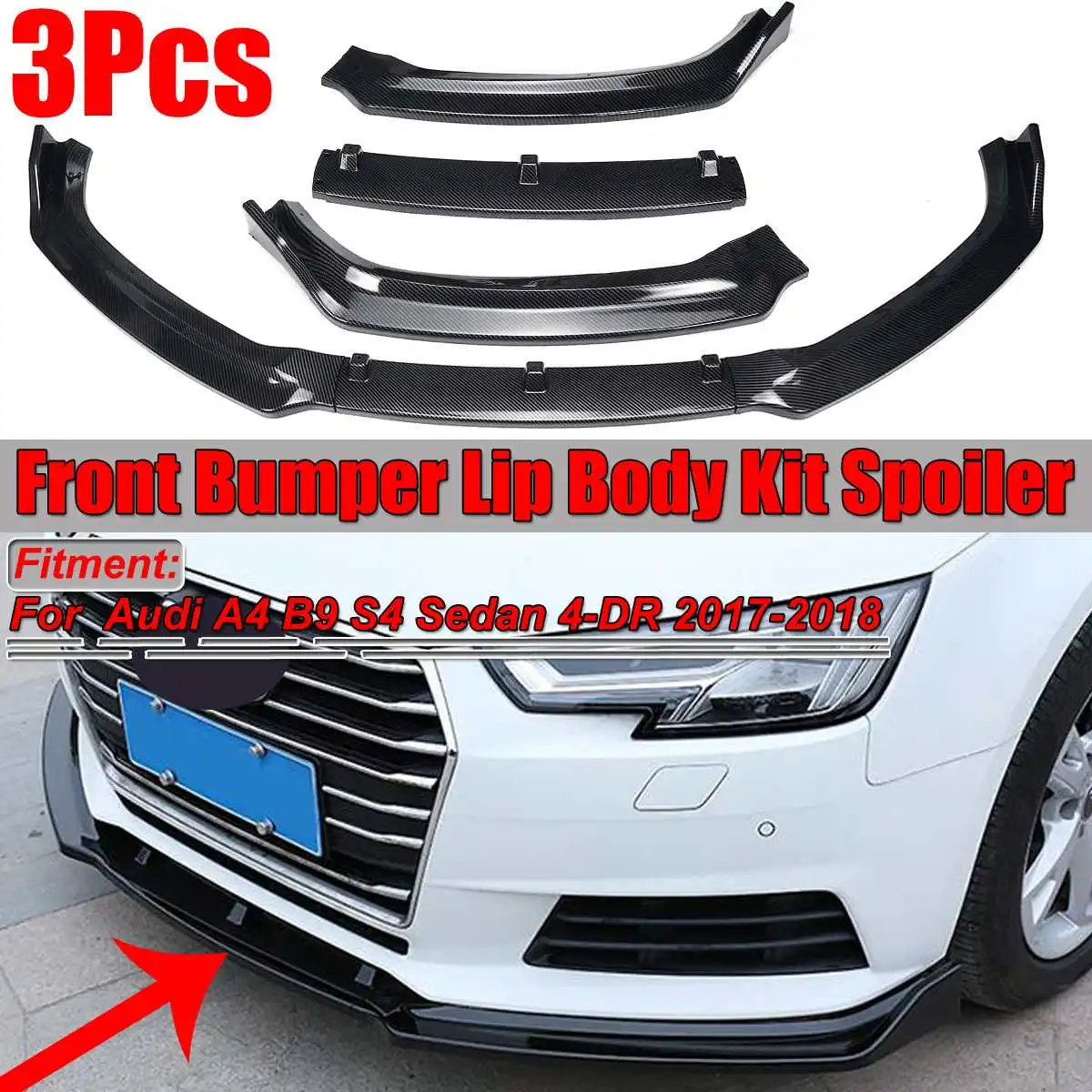 Bright Black / Carbon Fiber Look 3pcs Car Front Bumper Lip Body Kit Spoiler Splitter Diffuser For Audi A4 B9 S4 Sedan