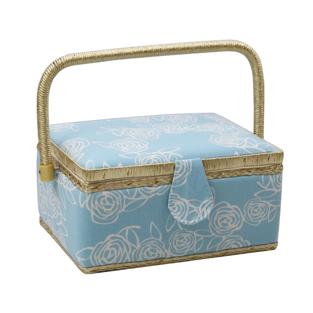 

D&D Handmade Sewing Box with Sewing Kit Accessories Wood&Fabric Covered Crafts Multifunction Storage Box 24*17.5*13cm