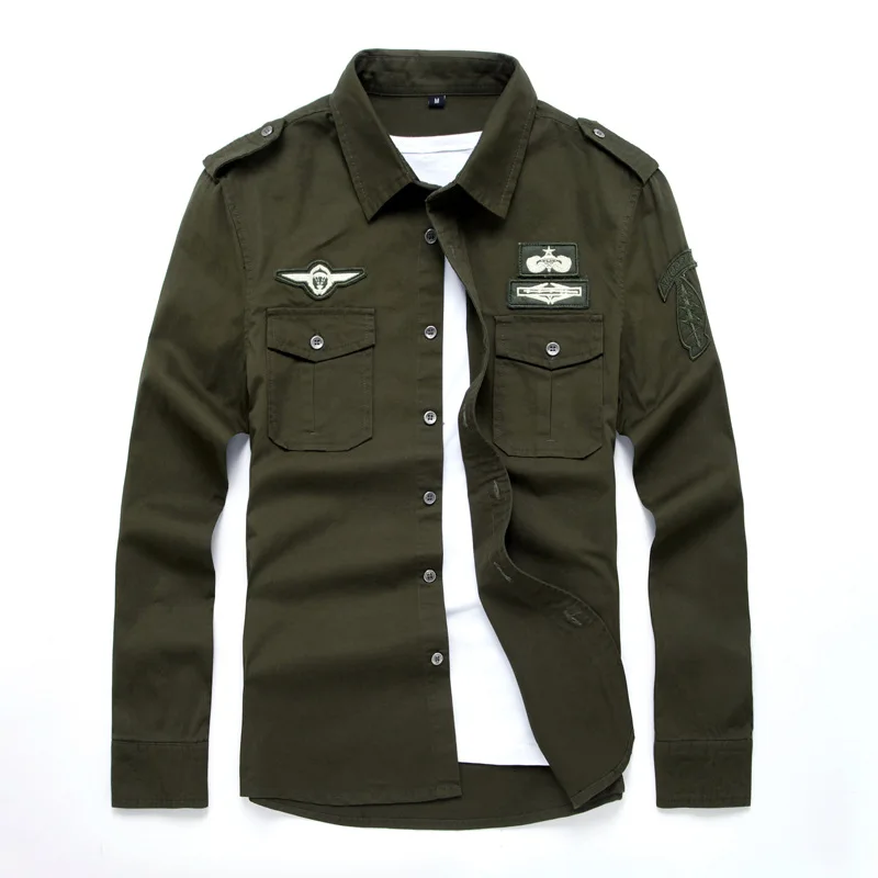 Бренд 6XL военные Для мужчин рубашки с длинным рукавом рубашка-Бомбер мужской хлопок Вышивка Slim Fit Повседневное полит рубашка Для мужчин Костюмы AFJH018