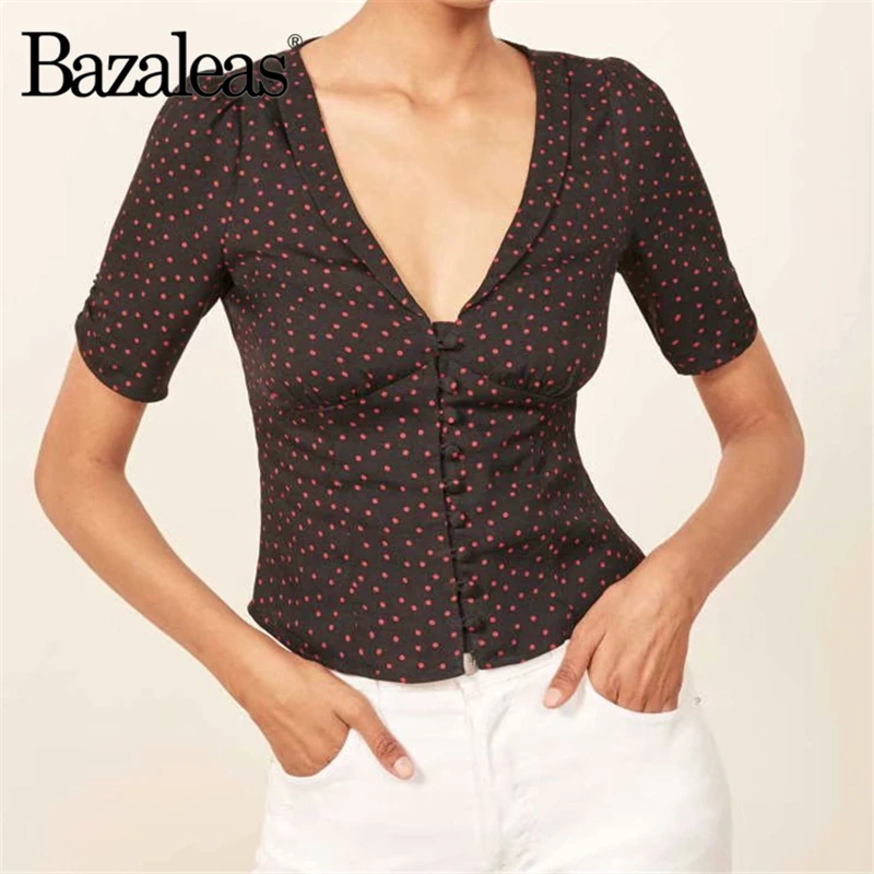 

Bazaleas Deep V Neck Red Dot print crop top blouse Vintage Black women tops and blouses Buttons Cropped blusa feminina