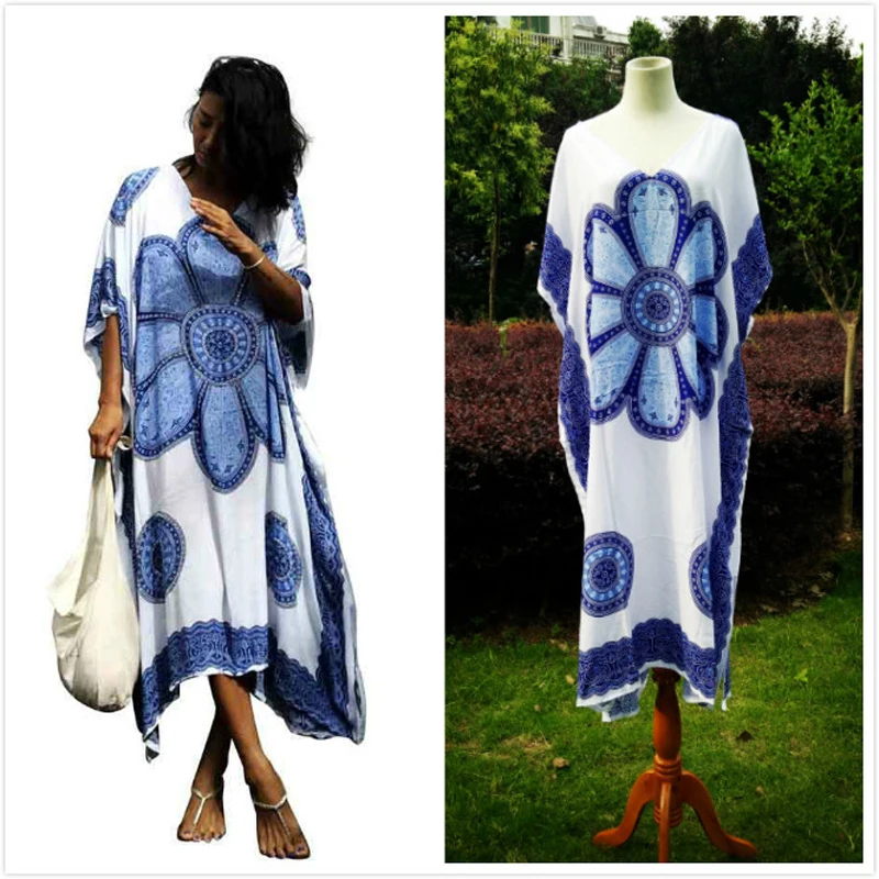 

Kaftan Beach Dress Tunic Robe Cardigan Beachwear For Women Shirt Cover Up Large Size Wear 2019 Print Dresses Loose Big Yards