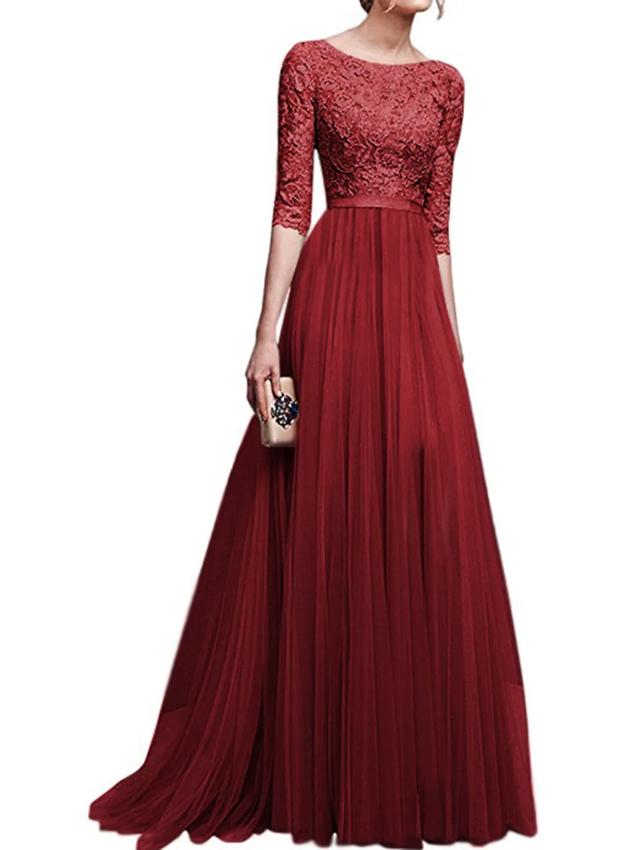 Женское платье Длинное Элегантное кружевное шифоновое платье вечерние платья невесты благородные большие размеры - Цвет: Красный