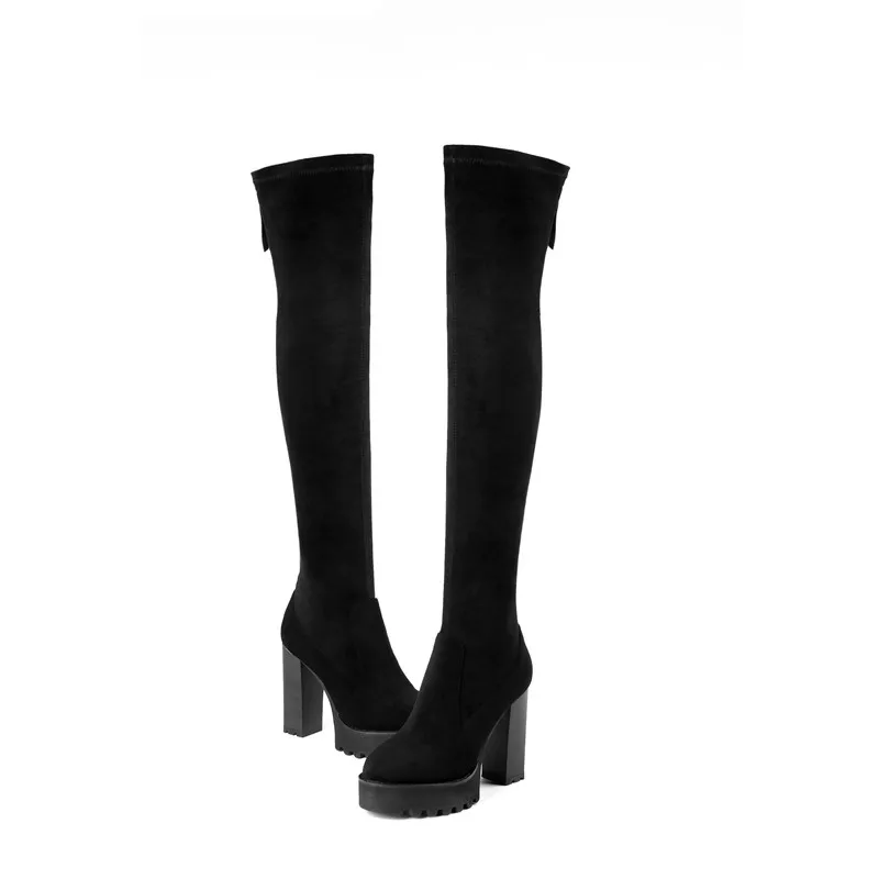 Smirnova/ горячая распродажа; теплые зимние сапоги до бедра на квадратном каблуке; женские сапоги из флока на платформе; классические черные сапоги выше колена