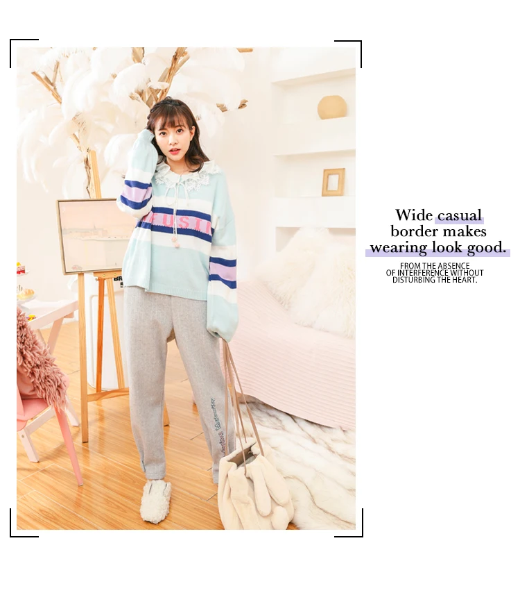 Принцесса сладкий брюки в стиле Лолиты Зимняя мода Академии Стиль Письмо Вышивка с полосатой шерсти дно шаровары повседневное VC255