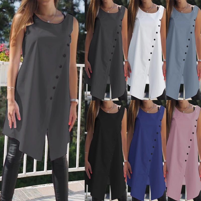 2019 Celmia خمر البلوزات النساء غير المتكافئة تونك قمم الصيف أكمام أزرار عارضة انقسام طويل قمصان زائد حجم Blusas 2019 Celmia خمر البلوزات النساء غير المتكافئة تونك قمم الصيف أكمام أزرار عارضة انقسام طويل قمصان زائد حجم Blusas