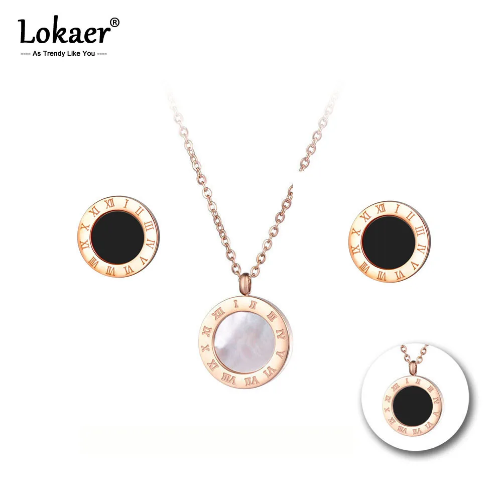 

Lokaer Classic Roman Numerals Black White Shell Chains Necklaces Bracelet Earrings Jewelry Sets Titanium Steel For Women SE010R