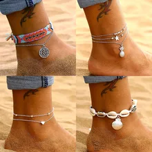 9 дизайнерских винтажных серебряного цвета многослойный ножной браслет для женщин в богемном стиле с ракушками и листьями ананаса браслет пляжные ювелирные изделия