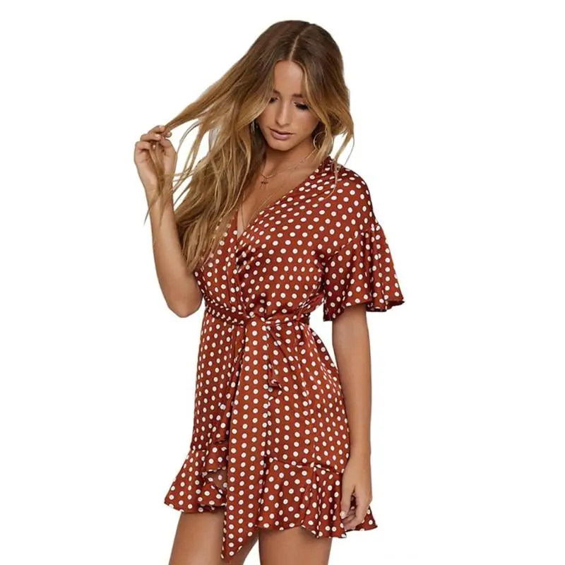 

Summer Women Sexy Polka Dot Irregular Sashes Dresses Ruffle Sleeve V-Neck Casual Mini Short Sleeve Dress Fashion Clothes