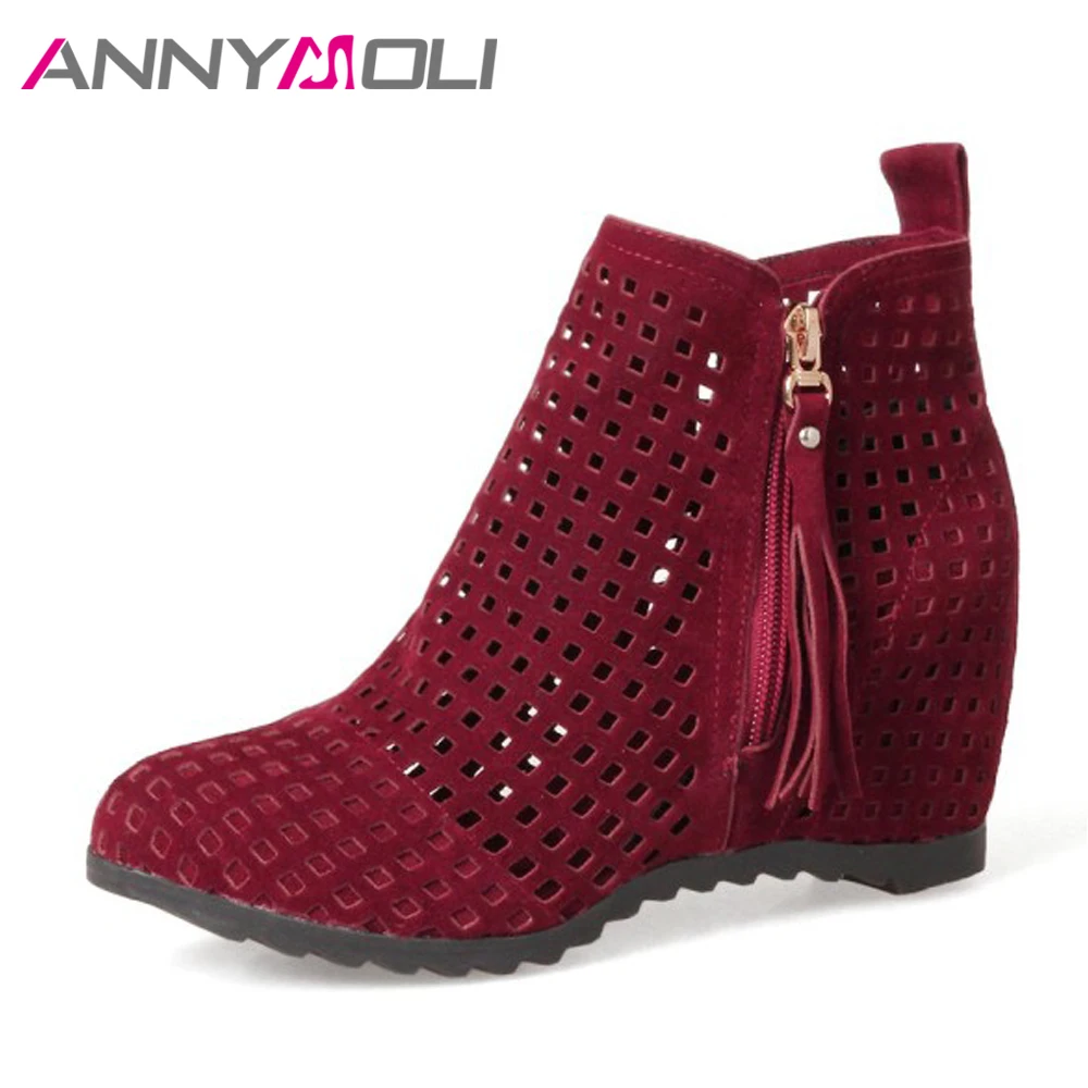 

ANNYMOLI Ankle Boots Women High Heels Fringe Boots Increasing Heel Cut Out Zip Shoes Plus Size 42 43 Autumn Boots Zapatos Mujer