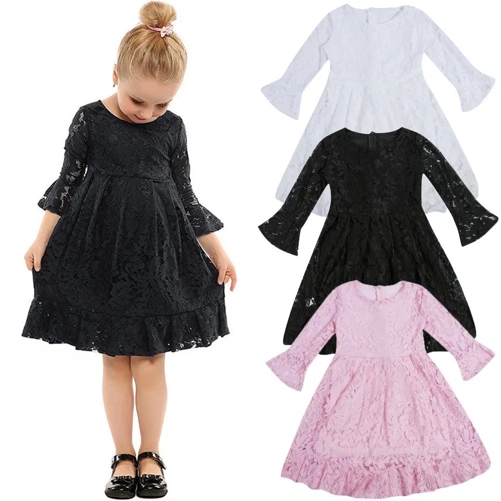 

Toddler Kids Baby Girls Princess Dress Floral Lace Flare Sleeve Knee-Length A-Line Dress Party Sweet Dresses 3 Colors 4-9Y