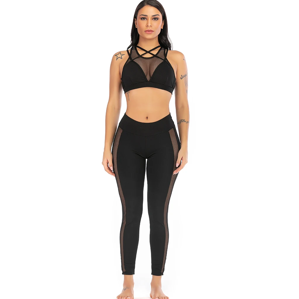 black Sfit Женский комплект для йоги, одежда для фитнеса, спортивная одежда, женские леггинсы для спортзала, Мягкий Топ пуш-ап+ штаны, 2 шт., спортивный костюм - Цвет: black