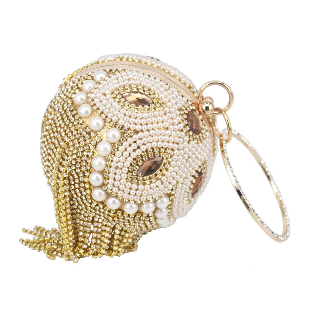 Golden Silver Beaded ball Evening Bags With tassels Women Wedding Bags Party Handbags Crystal Clutch Chain Shoulder bags