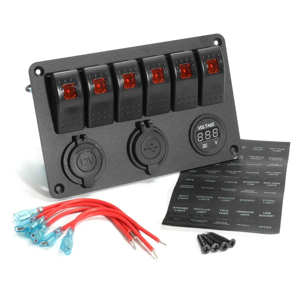 6 Gang 5 Pin 12V 24V LED Rocker Switch Panel Circuit Breaker Charger Dual USB Socket Cigaretter Plug Voltmeter Car Auto Charger