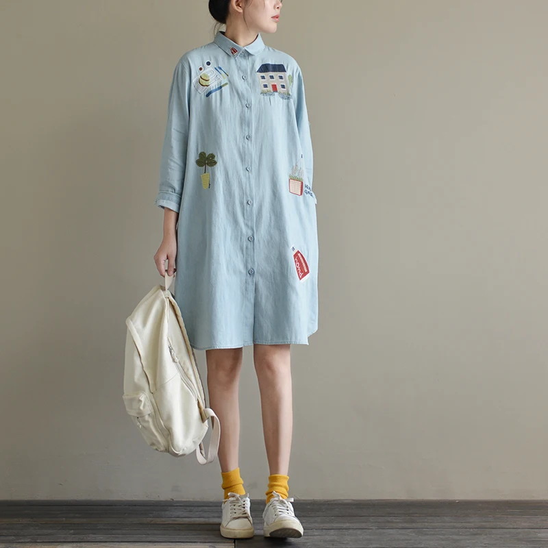 

TRCP Spring Autumn Women Casual Loose Plus Size Embroidery Denim Shirt Dresses