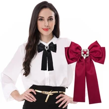 Large Rhinestone Bow Brooches For Women Shirt Dress Broches Jewelry Vintage Collar Corsage Silk Bowknot Tie Ribbon Brooch Pins