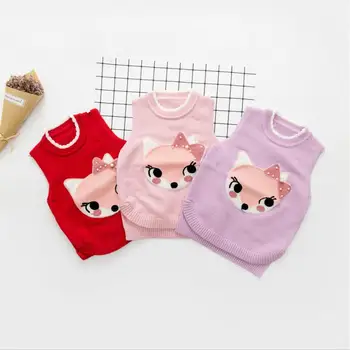 

Baby Sweater Waistcoat Solid Color Baby Girl Vest Fox Girl Beads Infant Girl Outfit O-Neck Knitted Clothes 3Colors for 1T-3T