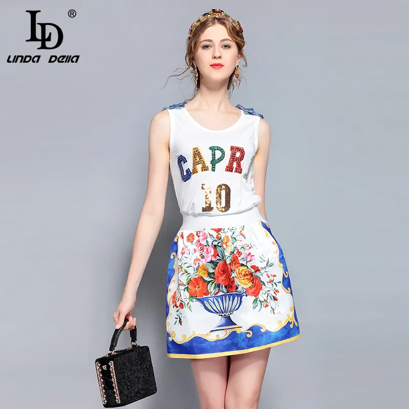 

LD LINDA DELLA New 2018 Summer Fashion Designer Runway Suit Set Women's Sleeveless Top and Casual Floral Print Mini Skirts Set
