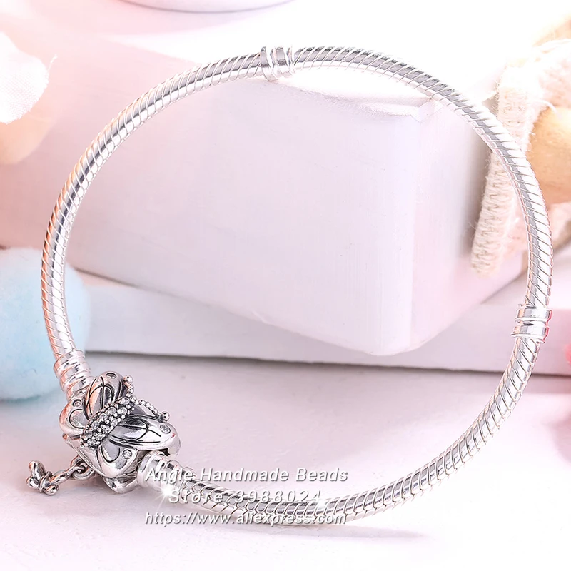 

925 Sterling Silver Decorative Butterfly Charm Bracelet Clear CZ Clasp Standard Snake Chain Charm Bracelet Fit DIY Jewelry Charm