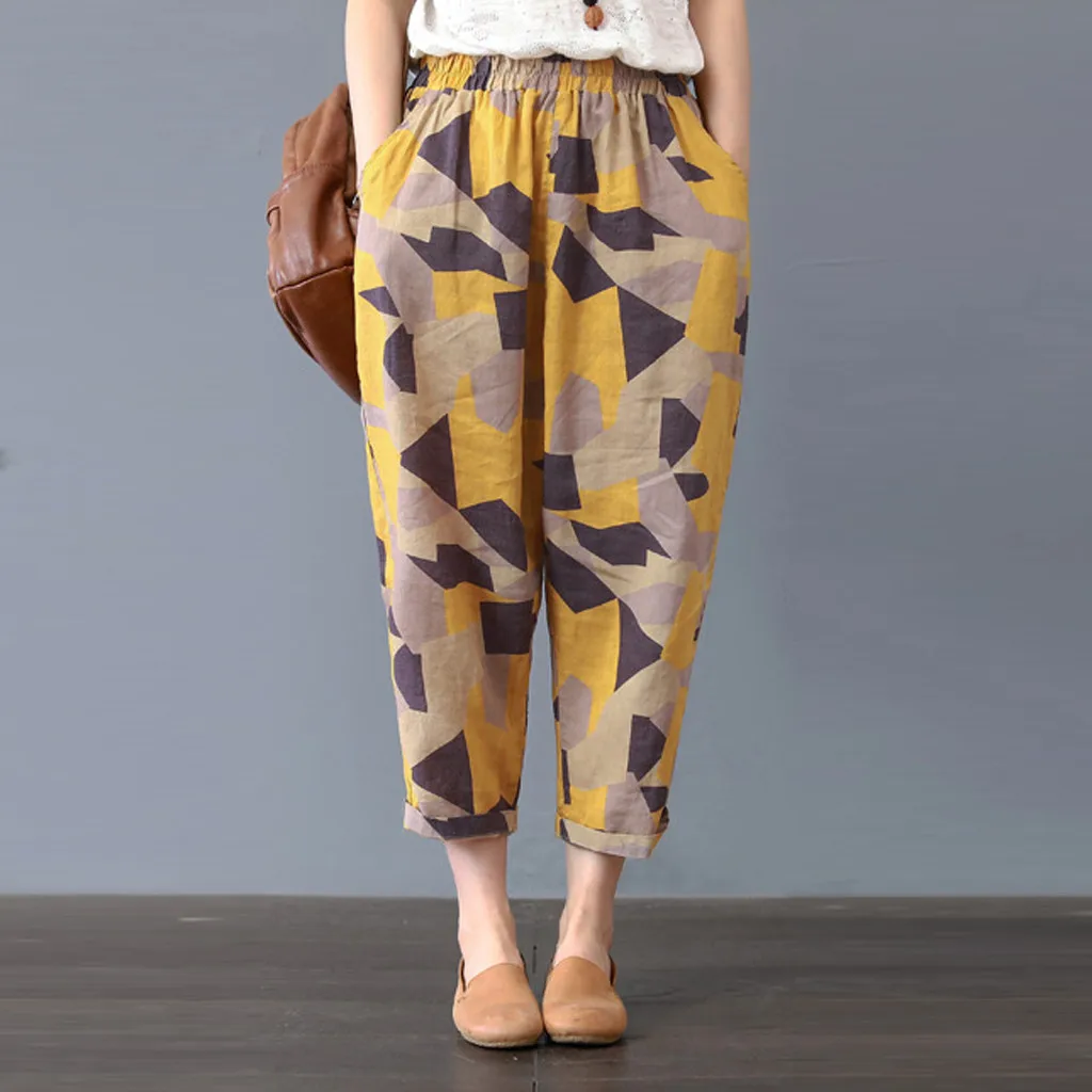 Хлопковые льняные брюки для женщин, брюки, свободные повседневные с геометрическим рисунком, женские шаровары размера плюс, Капри, женские летние#5
