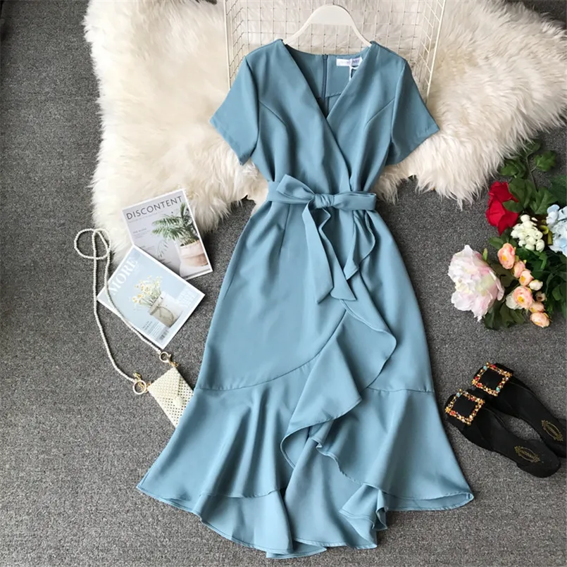 Slim 2020 Asymmetrical Sexy V Neck Summer Midi Long Dress Party Women Bandage Irregular Casual Ruffles Elegant beach Vestidos Slim 2020 Asymmetrical Sexy V Neck Summer Midi Long Dress Party Women Bandage Irregular Casual Ruffles Elegant beach Vestidos