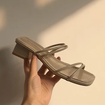 

Slip On Slippers Women 2019 Trendy Square Heels White Women Shoes Summer Soft Elegant Strap Sandals Ladies Beach Flip Flops