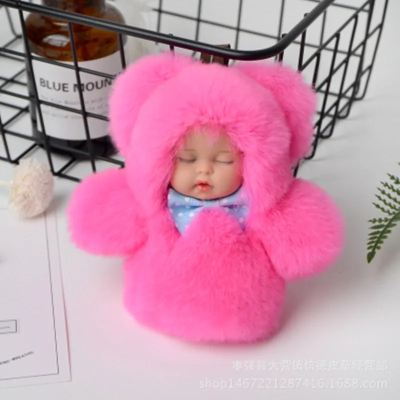 

2019 New Cute Sleeping Baby Doll Key Chain Real Rex Rabbit Fur Keychain Fluffy Pom Pom Keyring Bag Car Trinket Women Gift 11cm