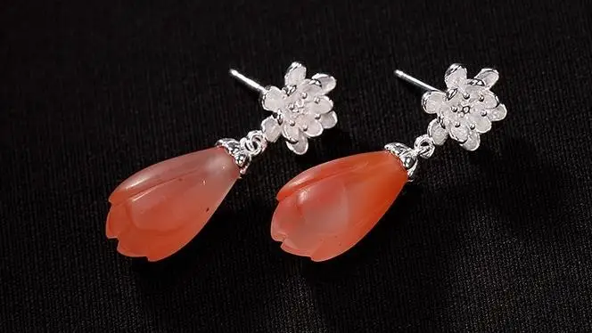 

Sterling S925 925 silver Drop Earrings flower natural stone vintage for woman earring 29MM