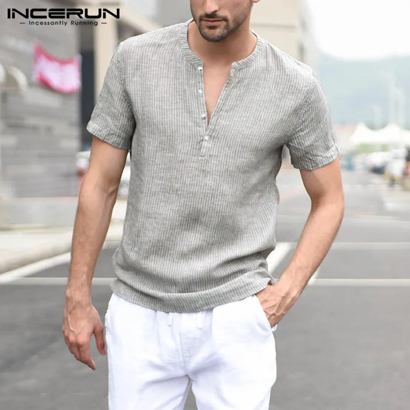 INCERUN летняя модная повседневная полосатая рубашка мужская с коротким рукавом Кнопка дышащая уличная Мужская брендовая рубашка Camisa Masculina 2019