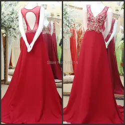 Линия v-образным вырезом спинки шифон Бисер элегантный красный вечернее платье 2017, Новая Мода Арабский Кафтан изготовление размеров под