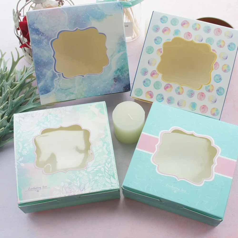 

14.3*14.3*4.7cm 30pcs watercolor cute design Paper Box with Window for candy Cookie chocolate gift Packaging Wedding Use