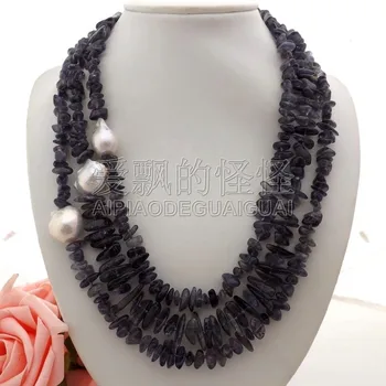 

N052308 3Strands 21''-24'' White Keshi Pearl Iolite Necklace