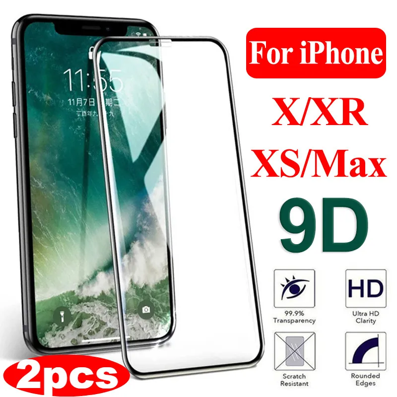 

9D 2PCS/Lot Screen Protector Glass For Apple iPhone X XS MAX XR 7 8 6 6S Plus 10 Premiun Tempered Glass Film Cover For iPhone XR