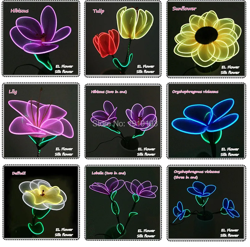 12 Stype Glittery Neon LED Viridulum Hana Holiday lighting light silk flower Sparkling EL wire Flower for wedding,Party Supplies