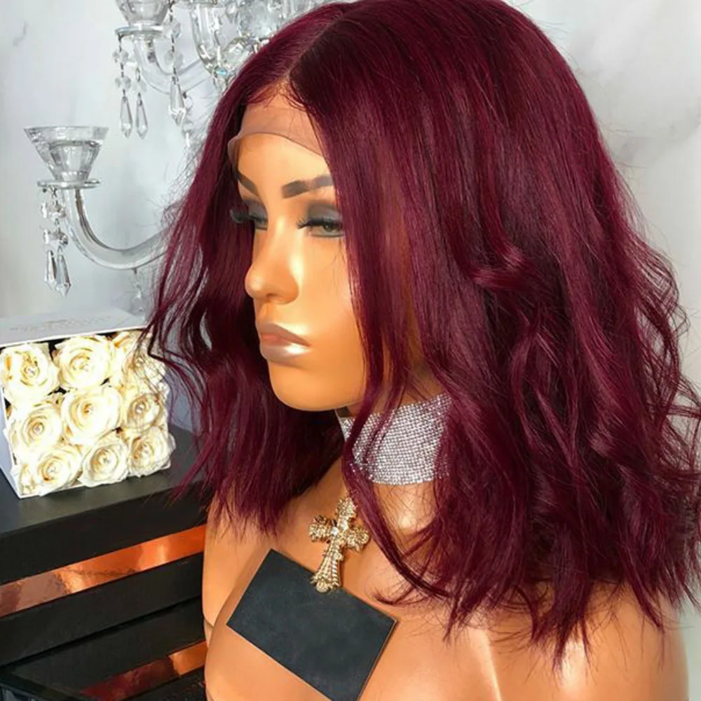Red Wig Human Hair Burgundy Wigs Short Bob Lace Front Wigs Colored 99J Lace Wigs With Baby Hair Deep Part 13*6 Aimoonsa Remy