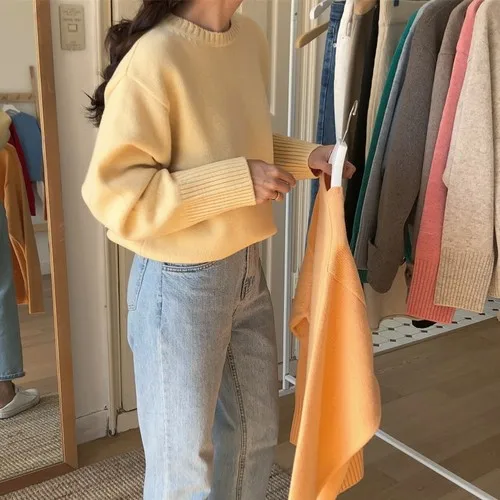 Осенние женские корейские свободные свитера, Повседневные вязаные Джемперы Harajuku с длинным рукавом, женские шикарные винтажные пуловеры, Простые Топы, одежда - Цвет: Цвет: желтый