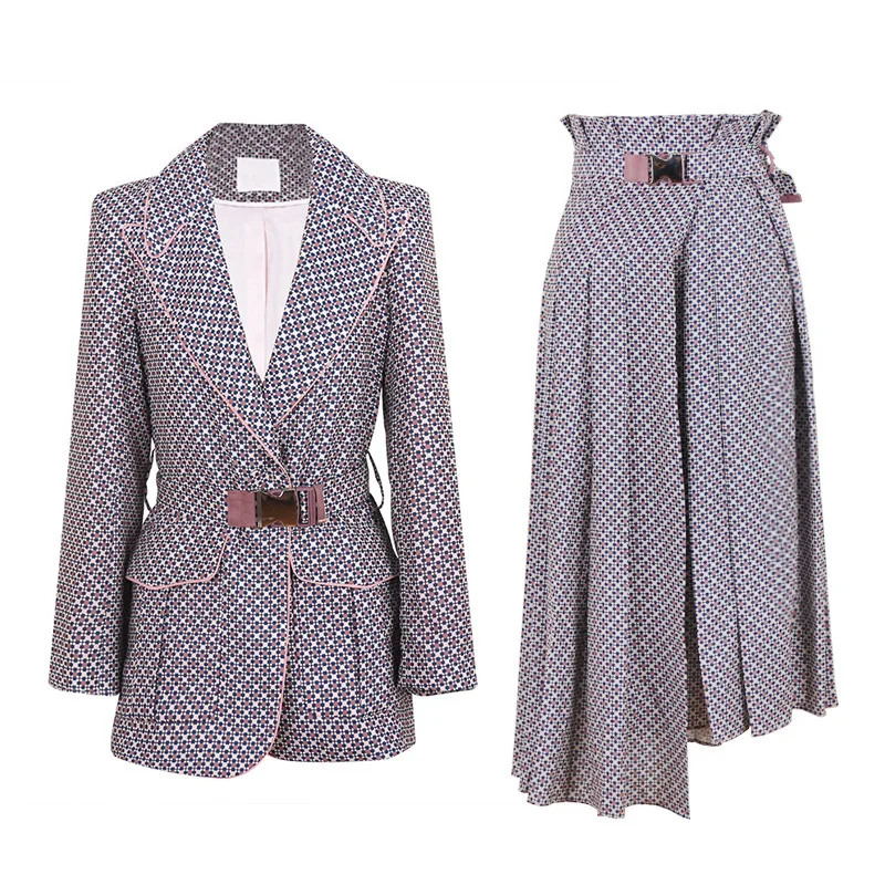 

[EWQ] Long-sleeved Loose Blazer+metal Buckle Belt Open Pleated Skirt Ladies Office Fashion Women 2019 Autumn Winter New QK210