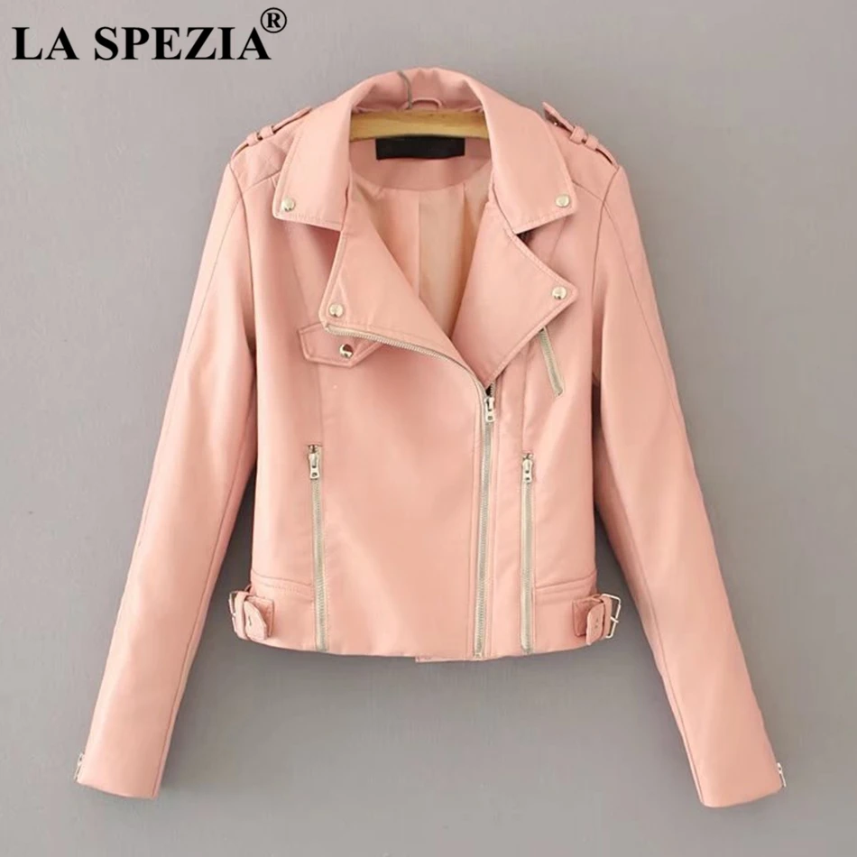 LA SPEZIA Black Jacket For Women Biker Rock Leather Jacket With Belt Female Zippers Pockets Motorcycle Slim Fit Punk Autumn Coat