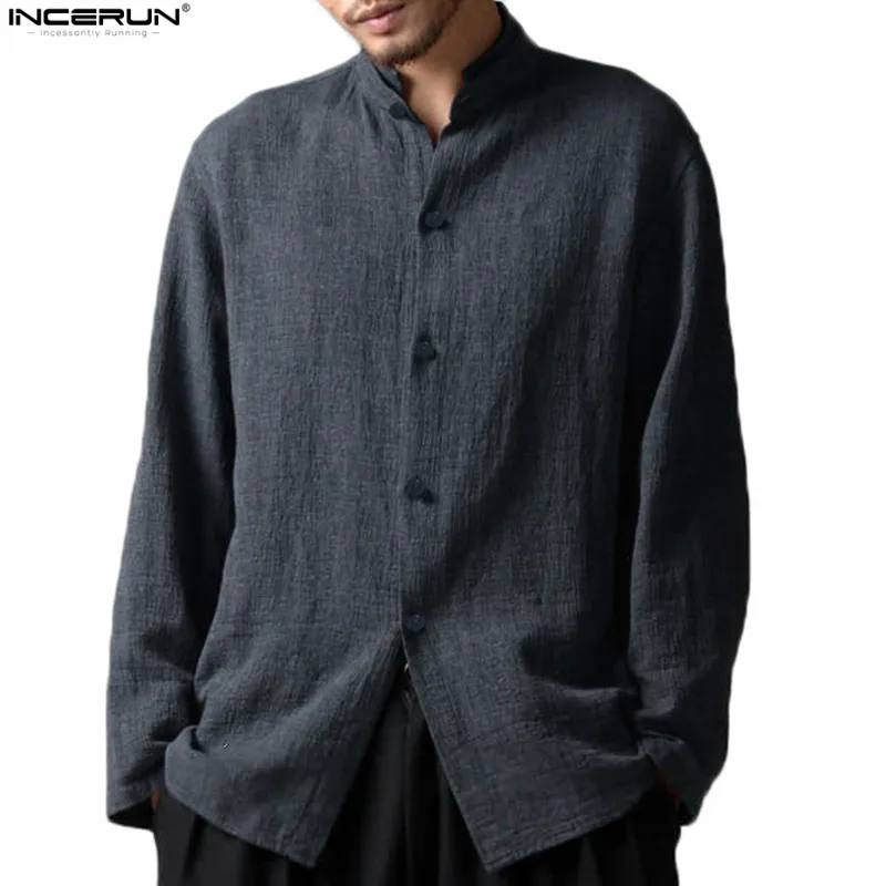 INCERUN мужская одежда китайский стиль льняные рубашки мужские повседневные дышащие мягкие повседневные рубашки с длинным рукавом размера плюс chemise homme - Цвет: Gray