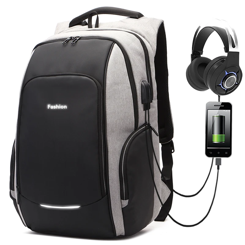 

Simple Style Reflective Stripe Safe Laptop USB Headphone Jack School bag Women Men Anti Theft Lock Bagpack Teenagers Backpack