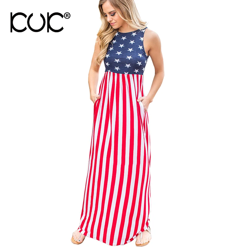 Kuk American Flag Dress Women Long Summer Dress Maxi Sleeveless Vestido ...
