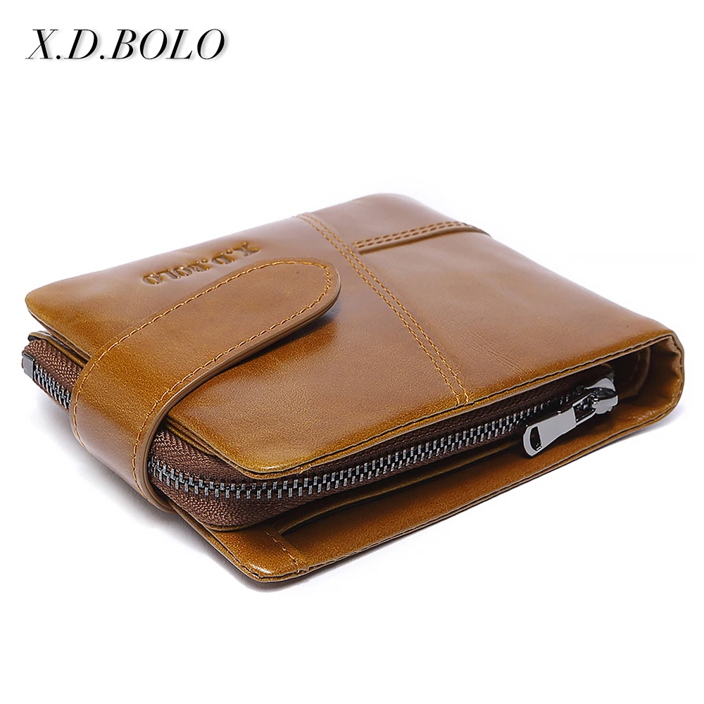 X.D.BOLO Genuine Cowhide Leather Men Wallet Trifold Wallets Fashion Design Brand Purse ID Card Holder With Zipper Coin Pocket