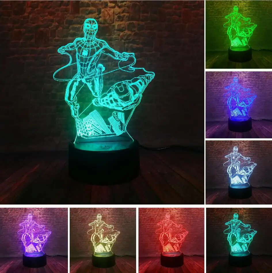 5 различных супергероев Человек-паук 3D лампа 7 цветов светодиодный градиентный ночной Светильник дети Lampara спящий творческий подарок на праздник - Испускаемый цвет: Spider Iron Man