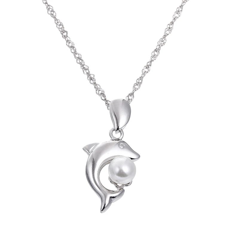 

100% 925 sterling silver fashion dolphin imitation pearl ladies`pendant necklaces women jewelry female gift water-wave chain