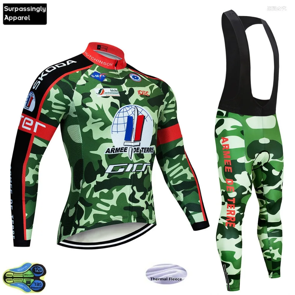 

2019 Winter Camouflage Cycling Jersey Set 12D Gel Racing Team Thermal Fleece Long Sleeve Bib Pants Set Cycling Clothing Men